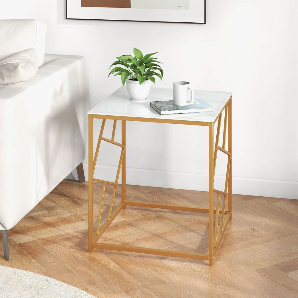 Square End Table with Tempered Glass Tabletop and Gold Finish Geometric Frame