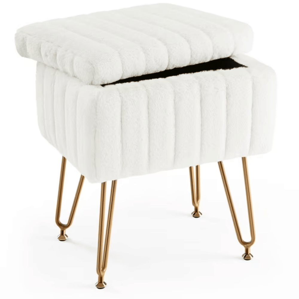 Square Ottoman withStorage, Makeup Cute Soft Small Footstool, Modern Style Faux Fur Seat with 4 Metal Legs & Adjustable Feet for Dressing, Living Room Bedroom Dorm, White