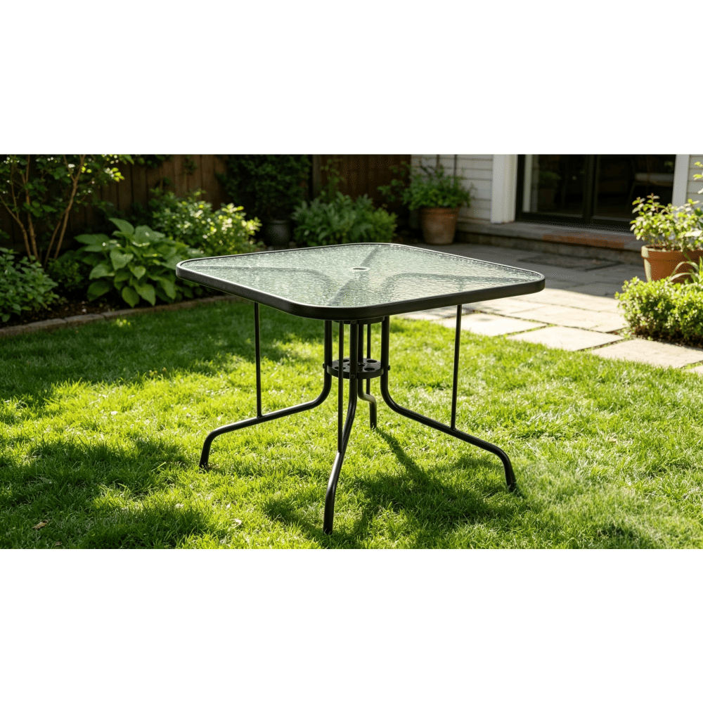 Square Patio DiningTable35-Inch with Tempered Glass Top and Umbrella Hole, Outdoor BistroTablefor Backyard and Deck, Black