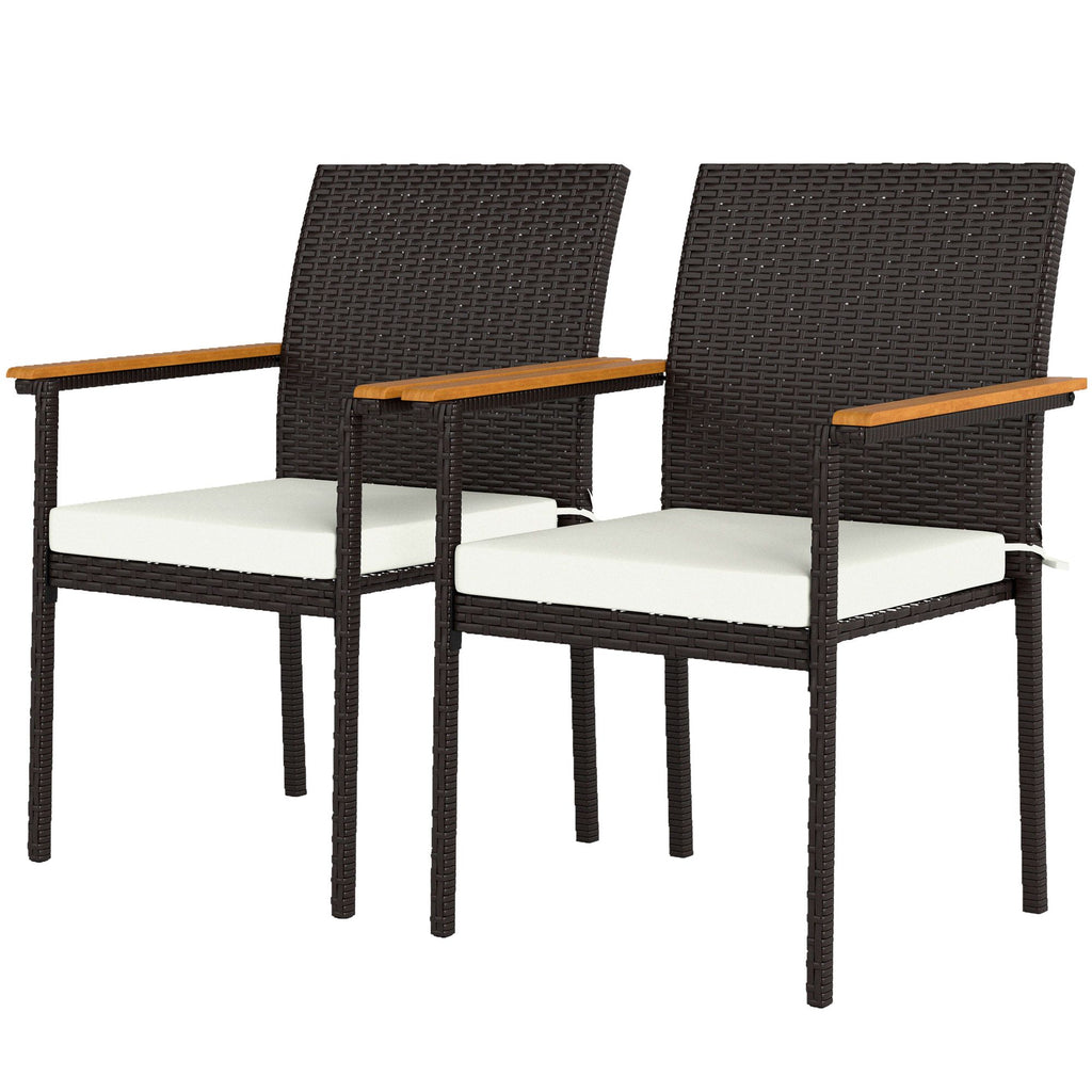Stackable Patio Wicker Dining Chair Set of 2 with Cushions, Backrest, Armrests for Deck, Garden, Cream White