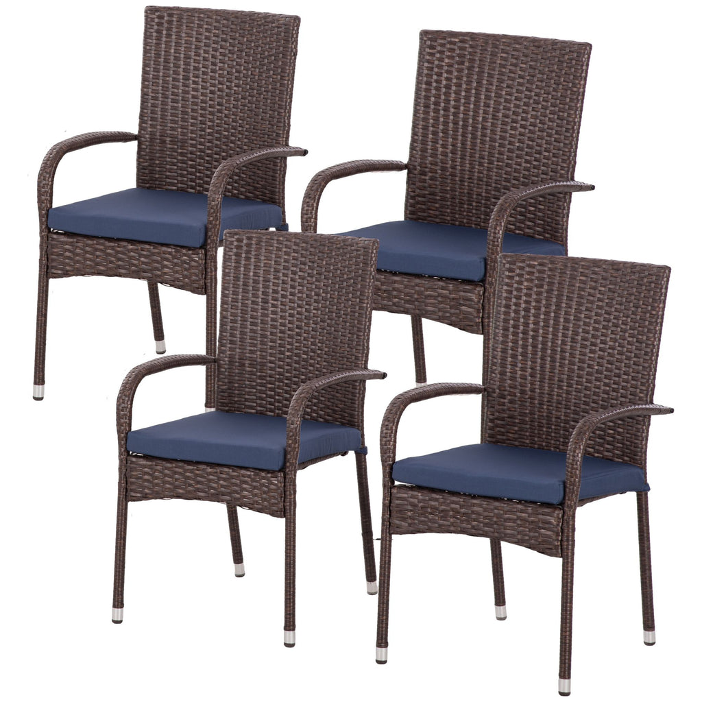 Stackable PE Rattan Outdoor Dining Chairs with Cushion, Patio Wicker Dining Chair with Armrests & Backrest, Blue