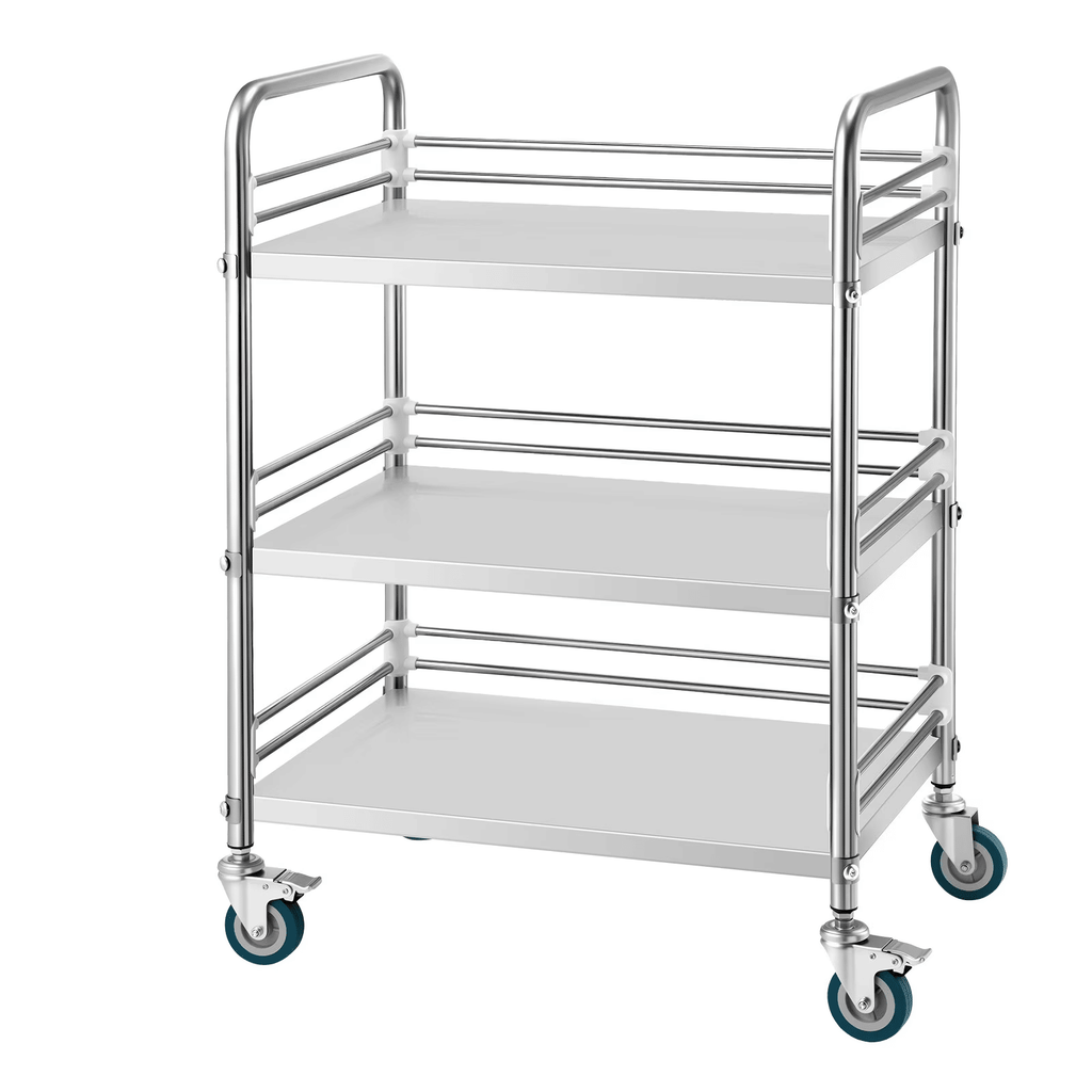 Stainless Steel 3-Tier Rolling Utility Cart with Lockable Wheels, Mobile Service TrayforMedical,Kitchen, Salon, and Restaurant Use
