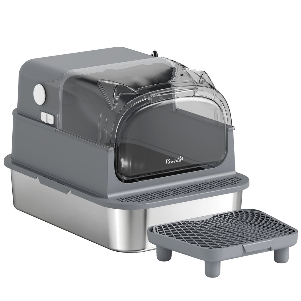 Stainless Steel Cat Litter Box with Flip Lid, XXL Enclosed Litter Box, High Sided, Step, Metal Scoop, 2 Deodorizing Bags