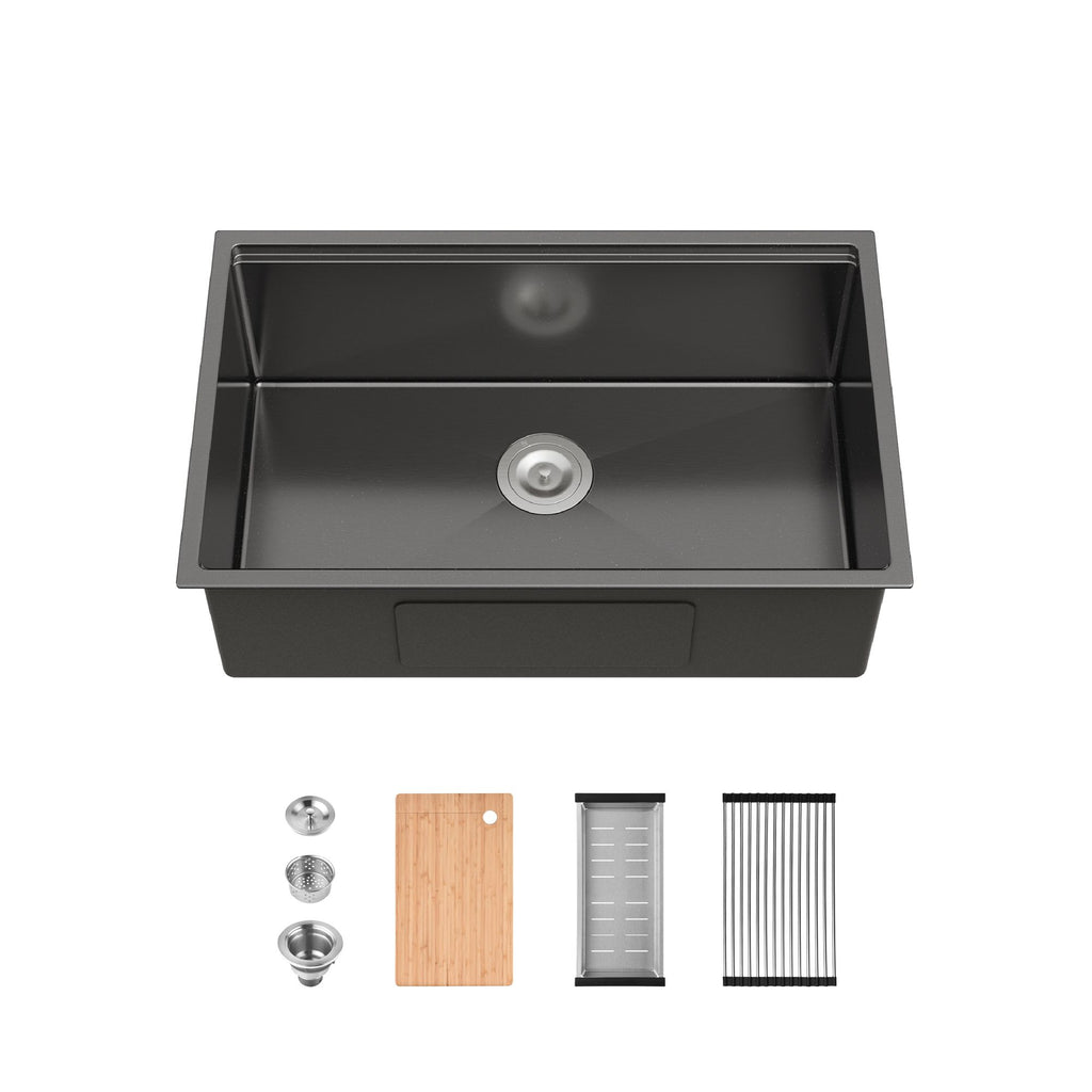 Stainless Steel Kitchen Sink, 30″x19″ Single Bowl, Undermount Handmade Sink in Black, with Cutting Board, Colander[Unable ship weekends, TK/TEMU only for pickup]