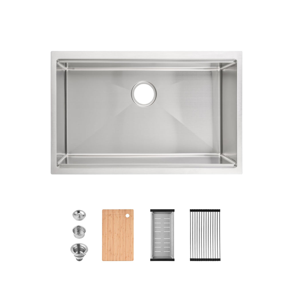 Stainless Steel Kitchen Sink, 30″x19″ Single Bowl, Undermount Handmade Sink in Brushed, with Cutting Board, Colander[Unable ship weekends, TK/TEMU only for pickup]