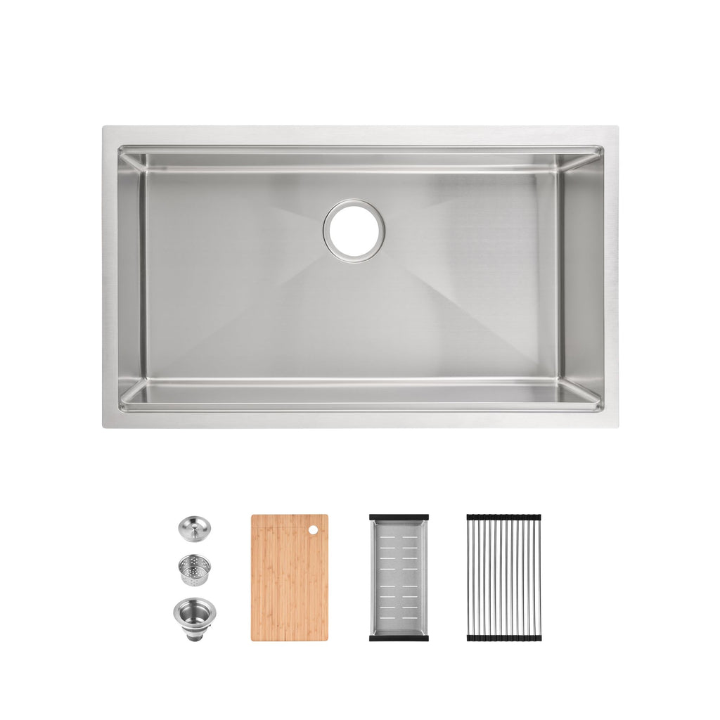 Stainless Steel Kitchen Sink, 33″x19″ Single Bowl, Undermount Handmade Sink in Black, with Cutting Board, Colander[Unable ship weekends, TK/TEMU only for pickup]