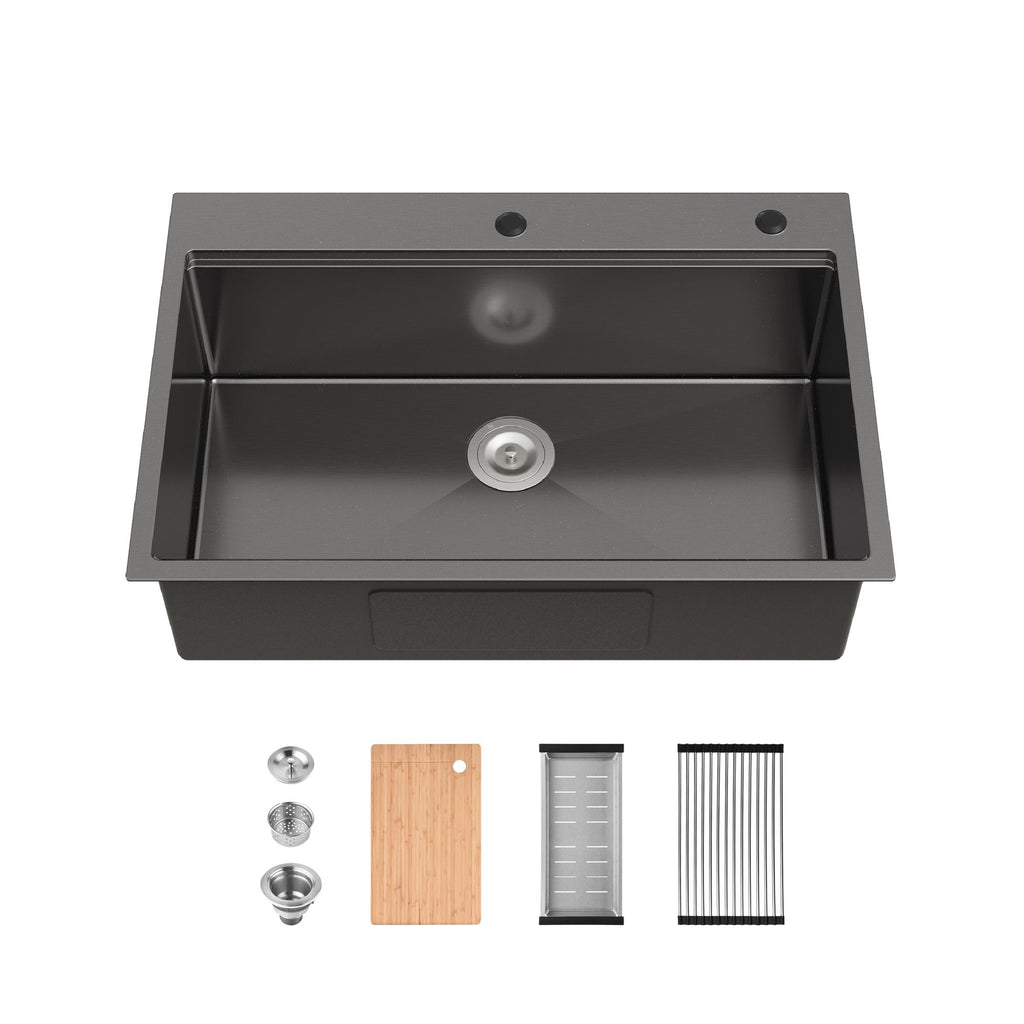 Stainless Steel Kitchen Sink, 33″x22″ Single Bowl, Overmount Handmade Sink in Black, with Cutting Board, Colander[Unable ship weekends, TK/TEMU only for pickup]