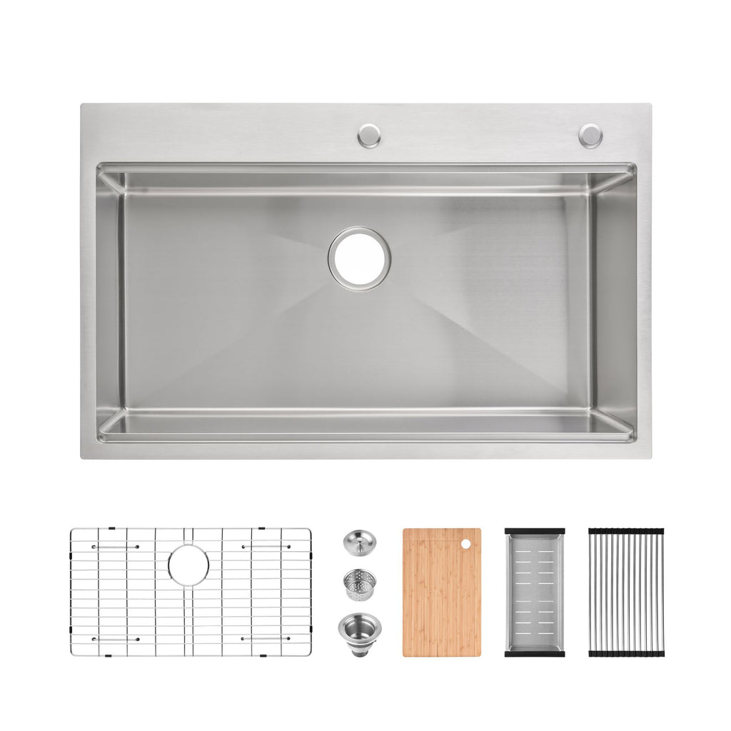 Stainless Steel Kitchen Sink, 36″x22″ Single Bowl, Overmount Handmade Sink in Brushed, with Cutting Board, Colander, Grid[Unable ship weekends, TK/TEMU only for pickup]