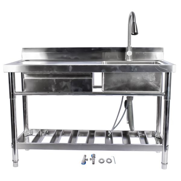 Stainless Steel Kitchen Sink Commercial Freestanding Utility Sink with Drawer and Pull-Out Faucet (47", Right Sink)