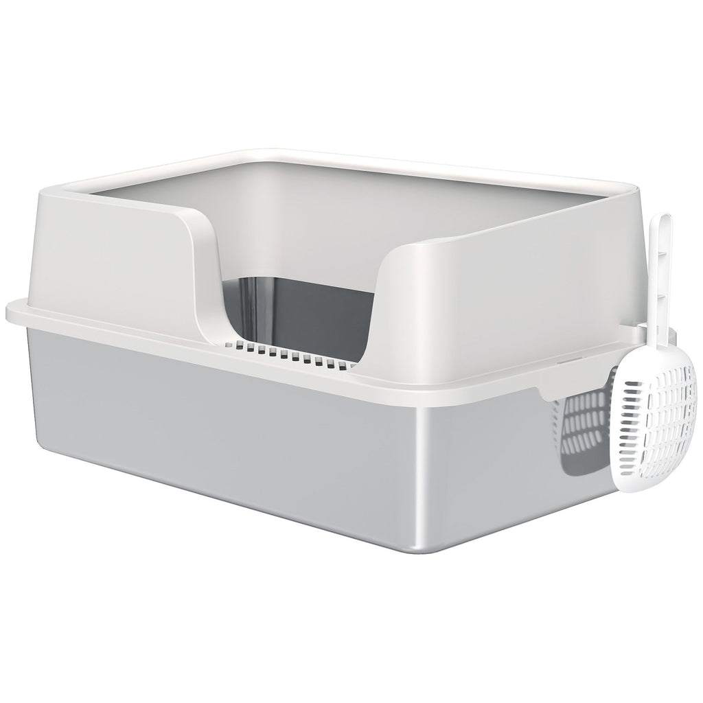 Stainless Steel Litter Box with High Side, Scoop, Easy Cleaning & Anti-Urine Leakage, for Big Cats, Light Gray