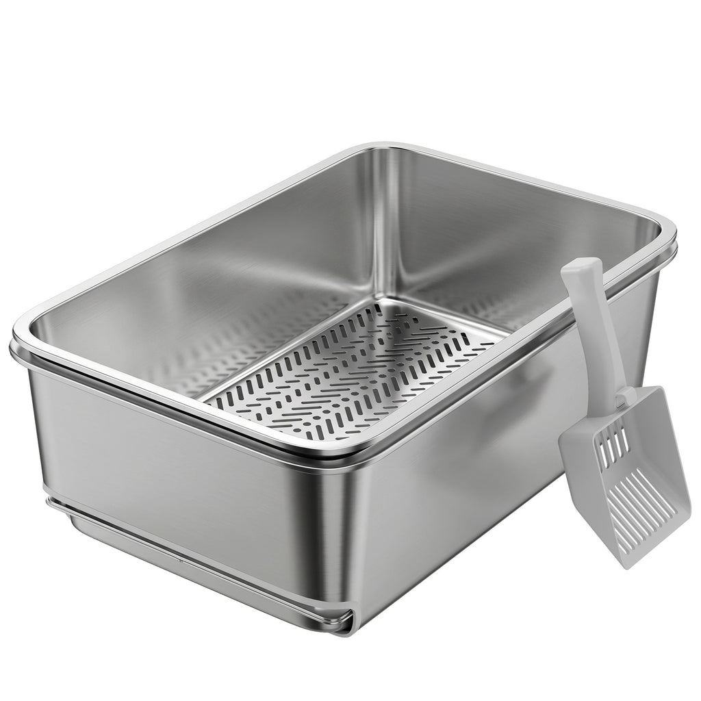 Stainless Steel Litter Box, XL Sifting Cat Litter Box for Medium, Large Cat, Non-Sticky, Odour Free, Easy Clean, Silver