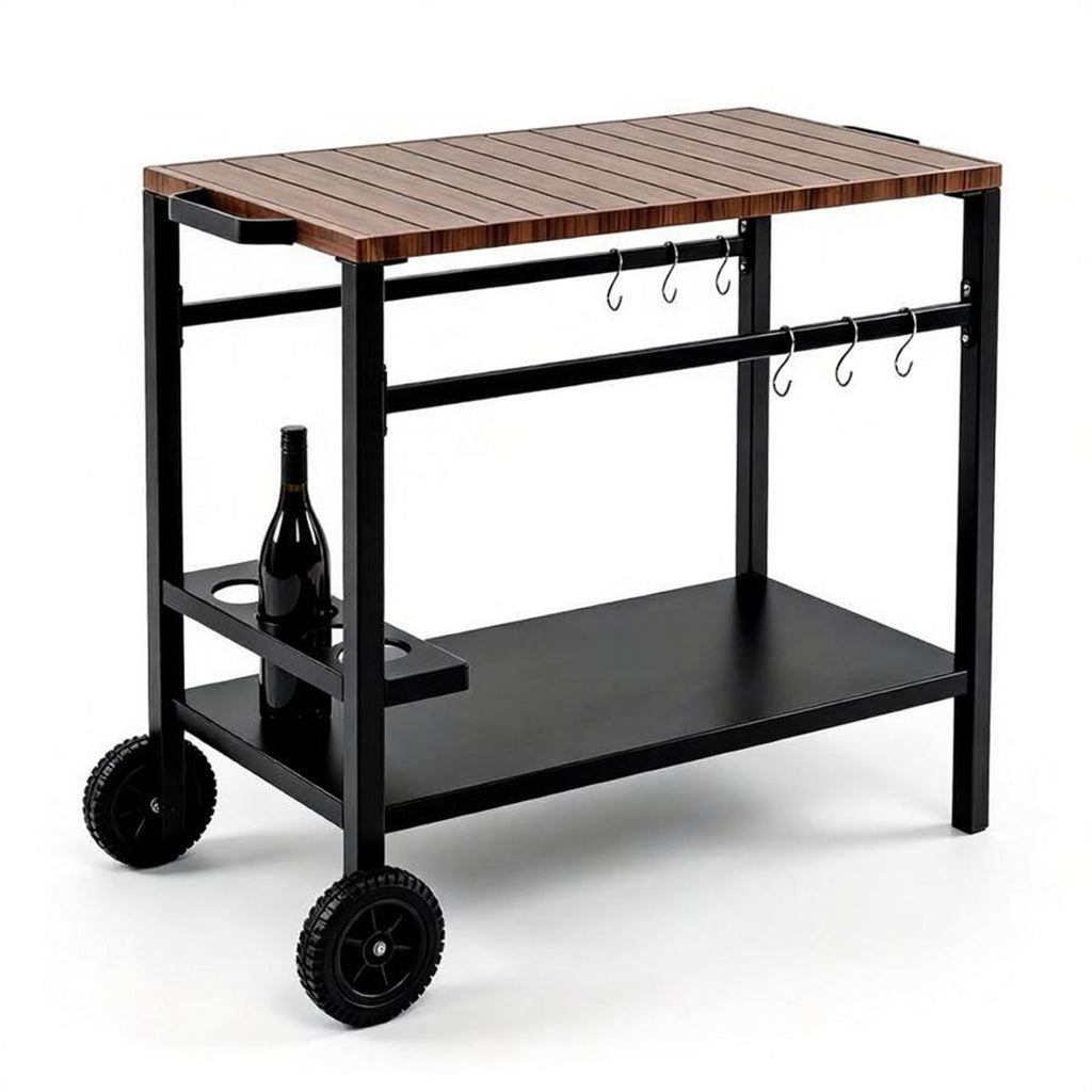 Stainless Steel Outdoor Grill Prep Table with Storage Cabinet Spice Rack & Tool Hooks, Rolling Portable BBQ Cooking Cart Lockable Wheels Heavy Duty Metal Frame for Backyard Patio Pizza Serving