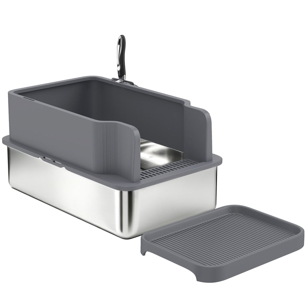Stainless Steel Sifting Litter Box for Pine Pellets, Large Metal Litter Box with Sifter Tray, Metal Scoop, 10 Pee Pads