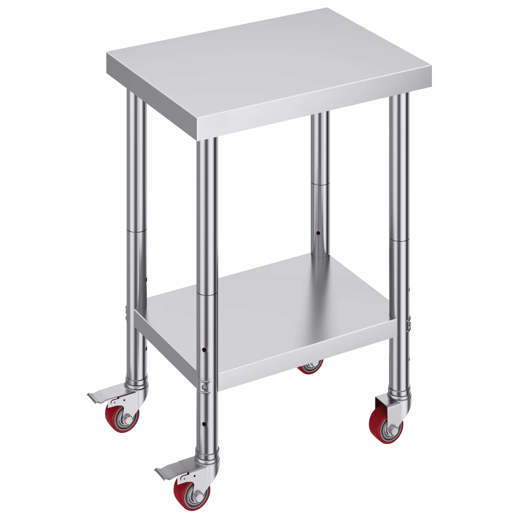 Stainless Steel WorkTable24 x 18 x 34 Inch, 700 LBS Capacity with Wheels, Adjustable Heights, Durable Food Prep TableforCommercial Kitchens and Restaurants, Silver
