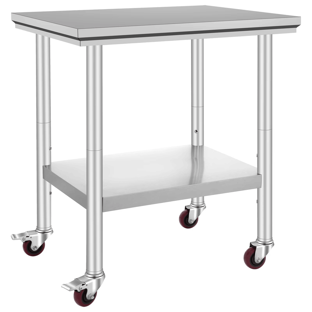 Stainless Steel WorkTable30 x 24 x 33 Inch, 700 lbs Capacity with Wheels, Adjustable Heights, Durable Food Prep TableforCommercial Kitchens and Restaurants, Silver