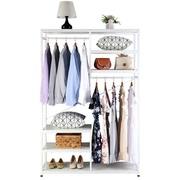 Stand Alone Wardrobe Organizer; Double Suspender Wardrobe Hanger And Multiple Storage Racks; Heavy Metal Wardrobe Storage Hanger For Bedroom - White