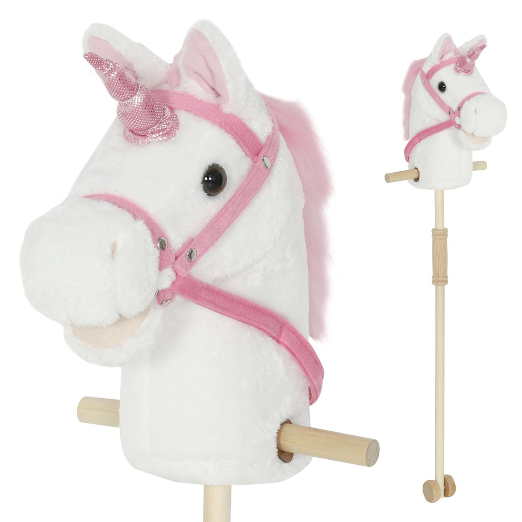 Stick Horse, Plush Handcrafted Hobby Horse with Wood Wheels, Real Pony Neighing and Galloping Sounds for Kids, White