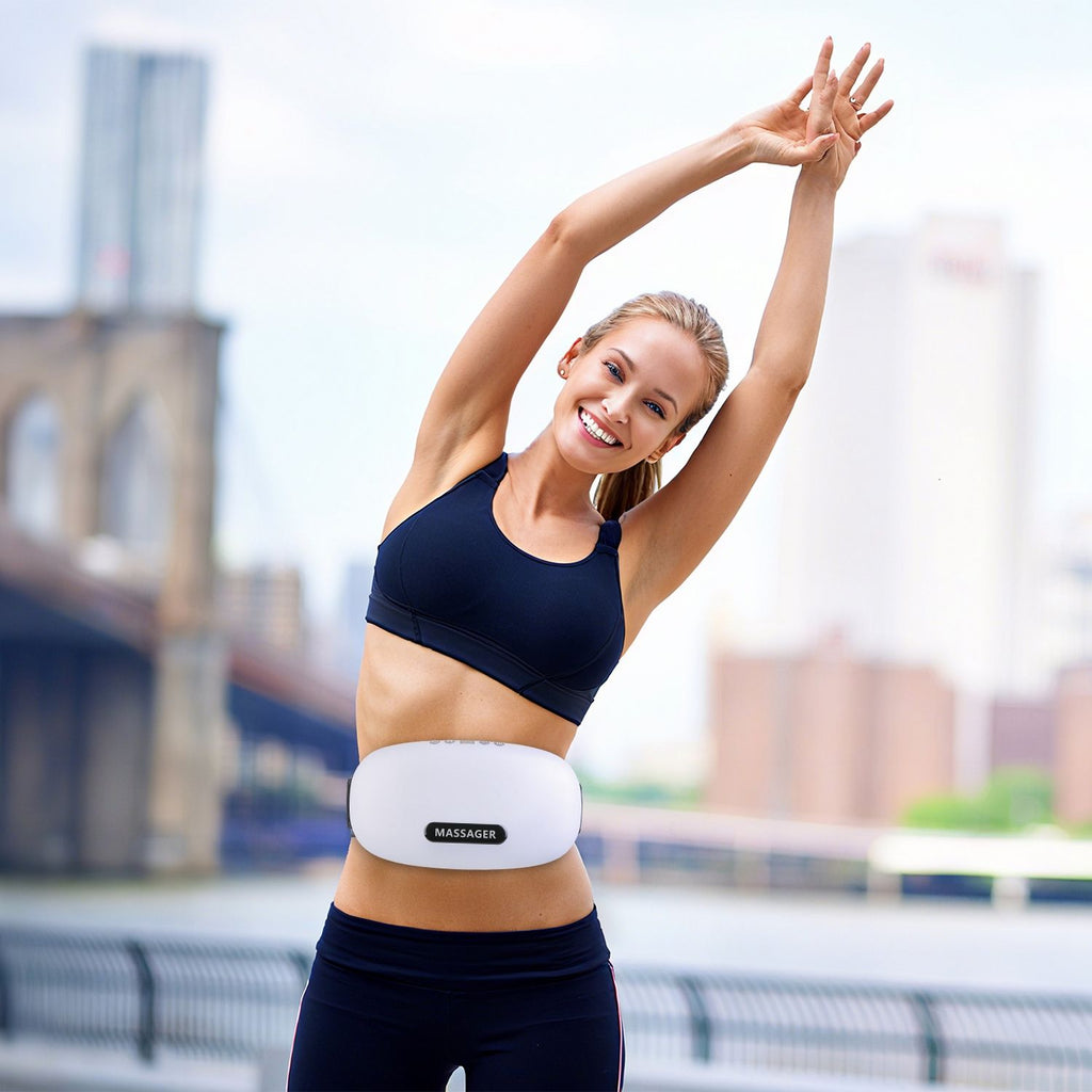 Stone Abdominal Massager - Dual Rotating Heads with 6 Red Lights, 5 Modes 3 Speeds 3 Heat Settings, 2500mAh Rechargeable, Adjustable Belt for Menstrual/Bloating Relief
