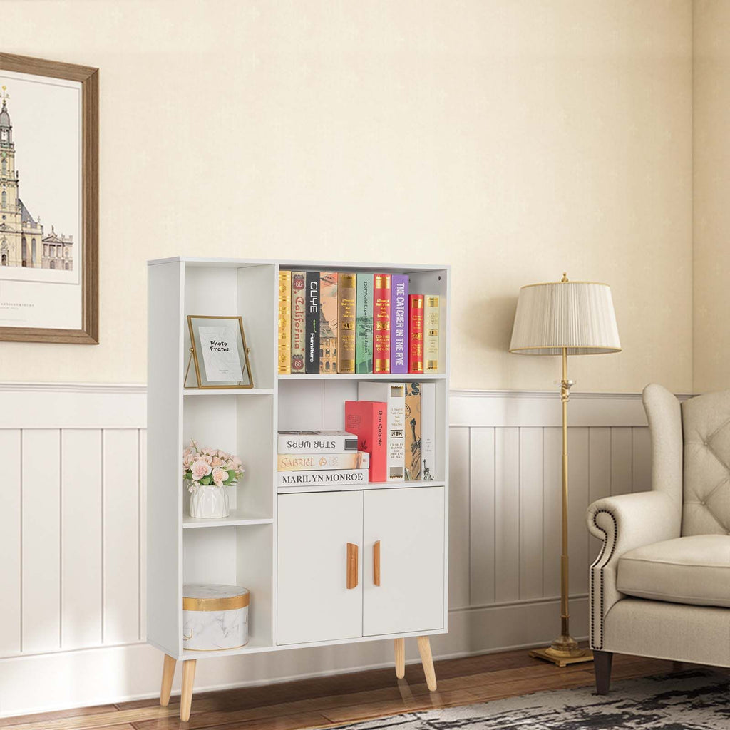 Storage Cabinet, Free Standing Wooden Display Bookcase with Double Doors, 2 Shelves, 3 Cubes and 4 Legs, Side Cabinet Decor Furniture for Home Office