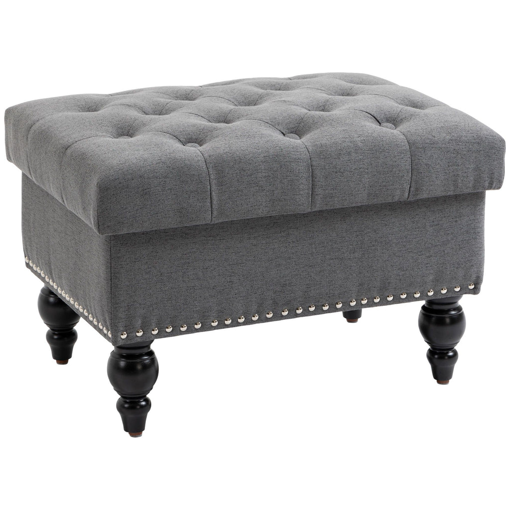 Storage Ottoman 25" with Removable Lid Button-Tufted Fabric Bench Wood Legs Grey Footrest Seat