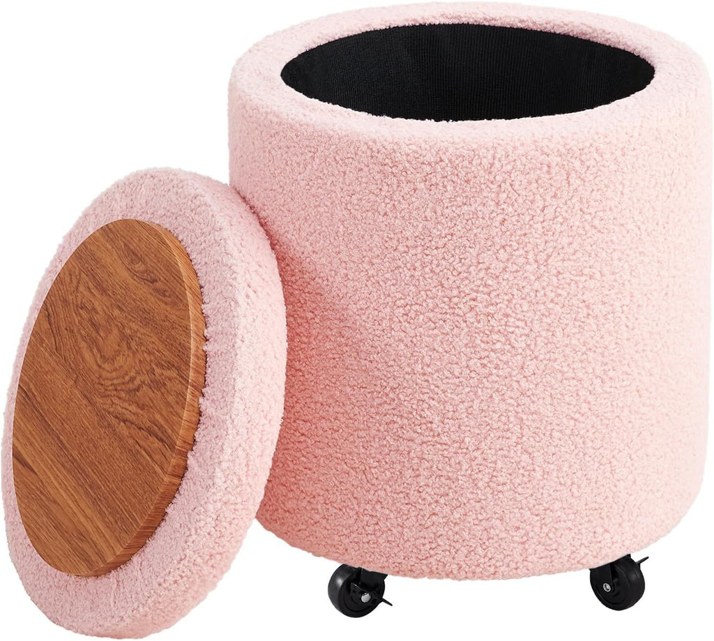 Storage Ottoman Foot Rest Round Footstool Teddy Velvet Footrest Multifunctional Rolling Stool Coffee Table Ottoman with Wheels Vanity Stool for Makeup Room Living Room Bedroom White