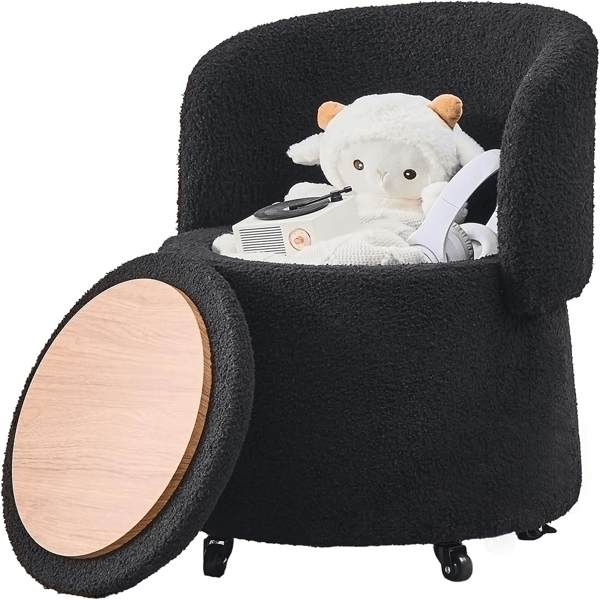 Storage Ottoman Foot Rest Round Footstool Teddy Velvet Footrest with Wheels Vanity Stool Black
