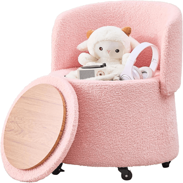 Storage Ottoman Foot Rest Round Footstool Teddy Velvet Footrest with Wheels Vanity Stool Pink
