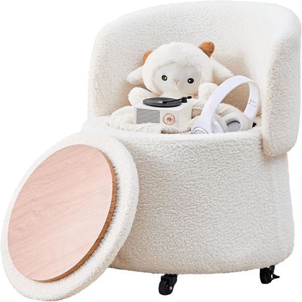 Storage Ottoman Foot Rest Round Footstool Teddy Velvet Footrest with Wheels Vanity Stool White