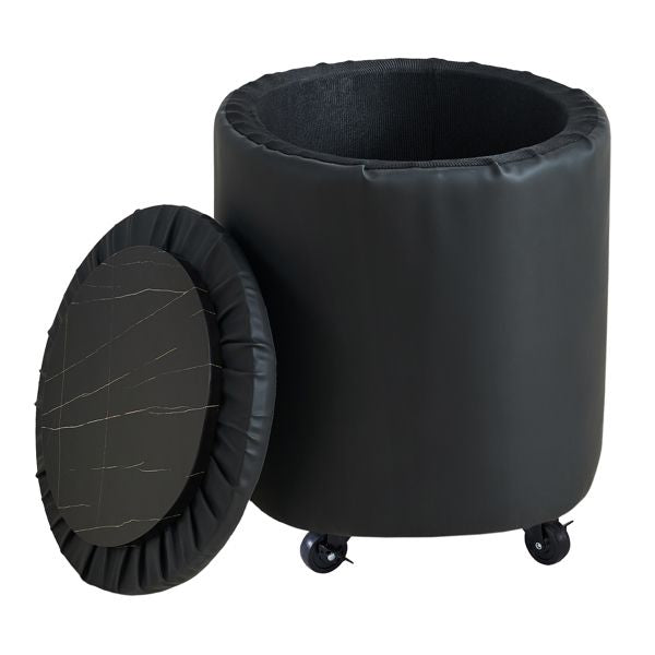 Storage Ottoman Foot Rest Round Footstool Velvet Footrest Multifunctional Rolling Stool Coffee Table Ottoman with Wheels Vanity Stool for Makeup Room Living Room Bedroom(PU Black)