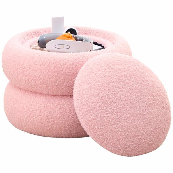 Storage Ottoman, Round Teddy Velvet Footrest with Tray, Macaron-Shaped Stool, Modern Side Table, Small Ottoman for Living Room, Bedroom, and Hallway Decor- Pink