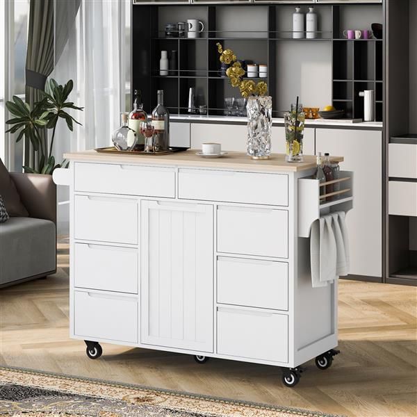 Store Kitchen Cart with Rubber Wood Countertop , Kitchen Island has 8 Handle-Free Drawers Including a Flatware Organizer and 5 Wheels for Kitchen Dinning Room, White