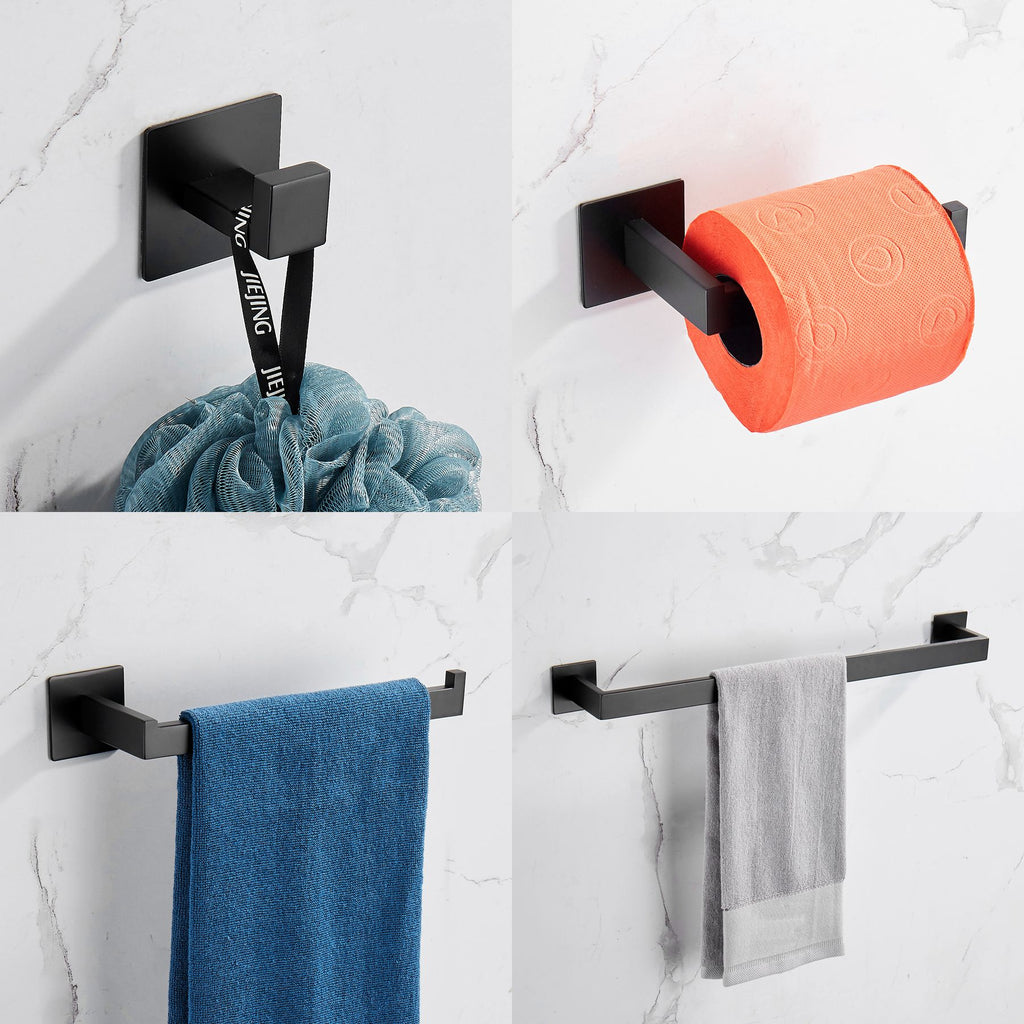 Strong Viscosity Adhesive 4 Pieces Bathroom Accessories Set Without Drilling Silver Brushed Towel Bar Set Holder Rack Robe Hook Tissue Toilet Paper Holder Rustproof 304 Stainless Steel  YJ