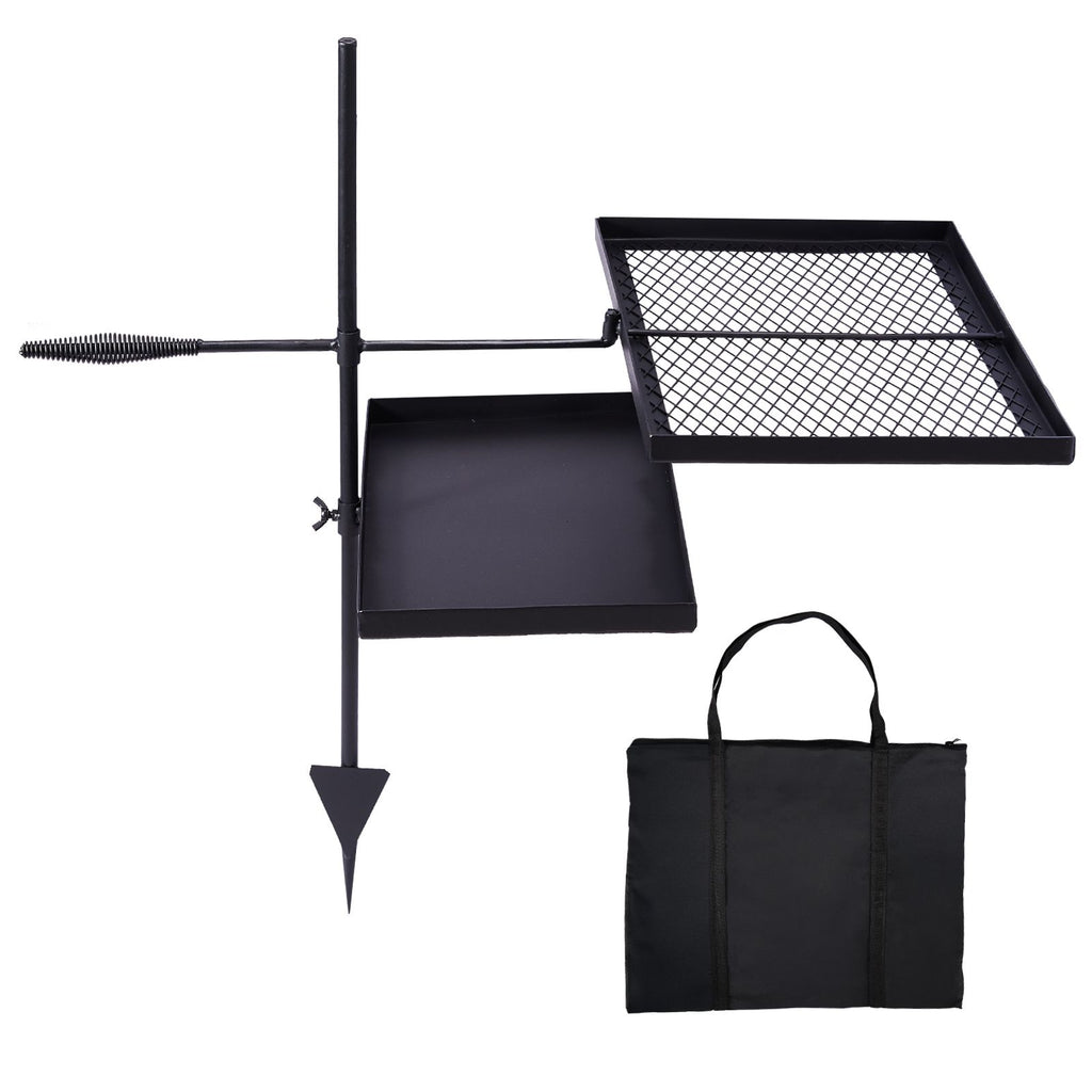 Swivel Campfire Grill Skillet Combo, Portable Heavy Duty Camping Grill Grate with Height Adjustable Grill Grate and Grill Pan and Carry Bag, Black