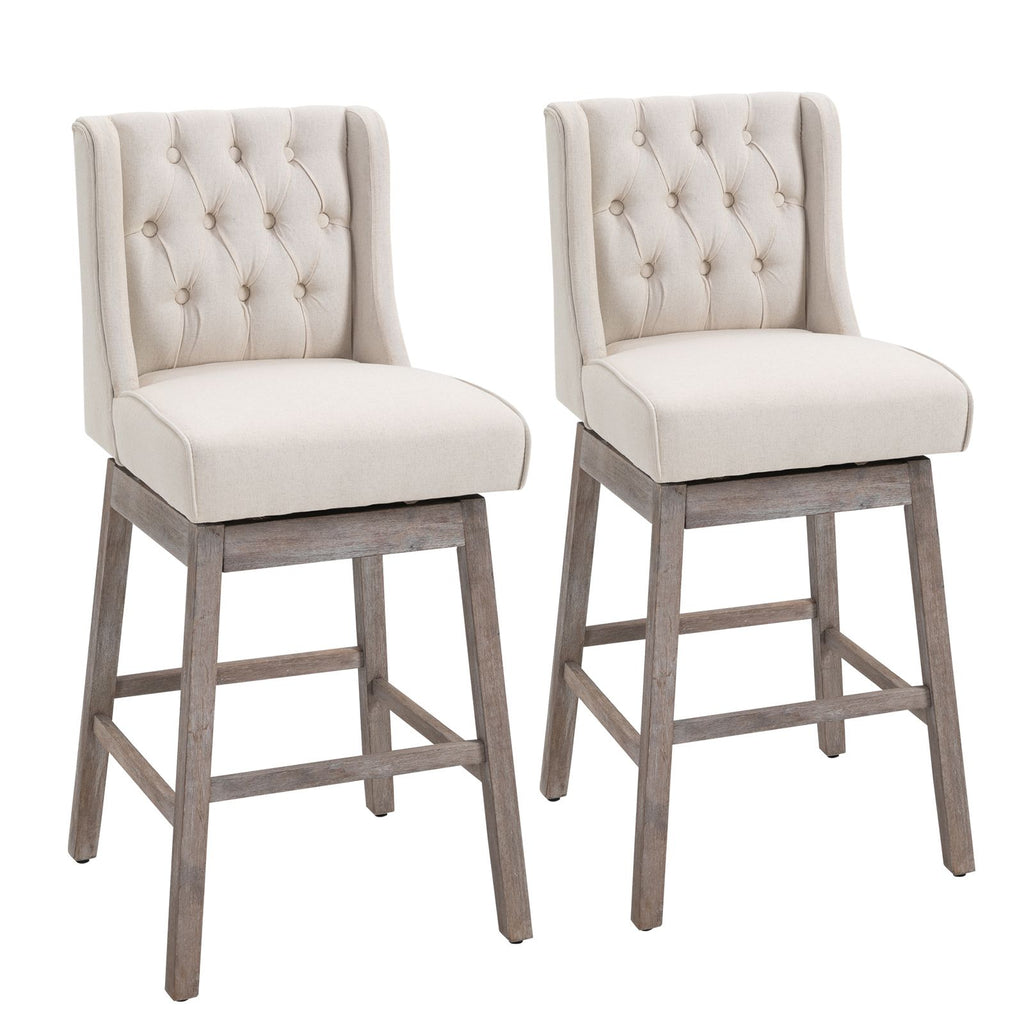 Swivel Savvy Bar Stools: 2 Piece Set with Footrest, Solid Wood, 180° Rotation, Beige