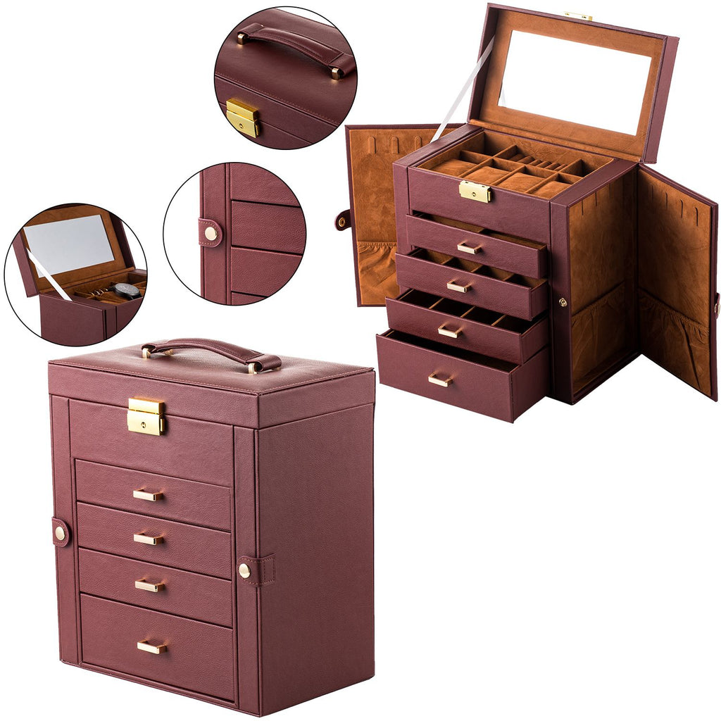 Synthetic Leather Huge Jewelry Box Mirrored Watch Organizer Necklace Ring Earring Storage Lockable Gift Case Brown