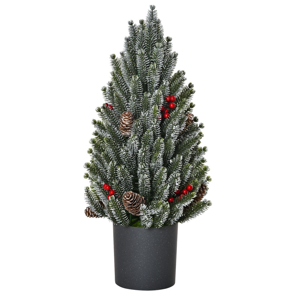 Tabletop Christmas Tree 1.5ft Flocked with Cranberries Pinecones Green White