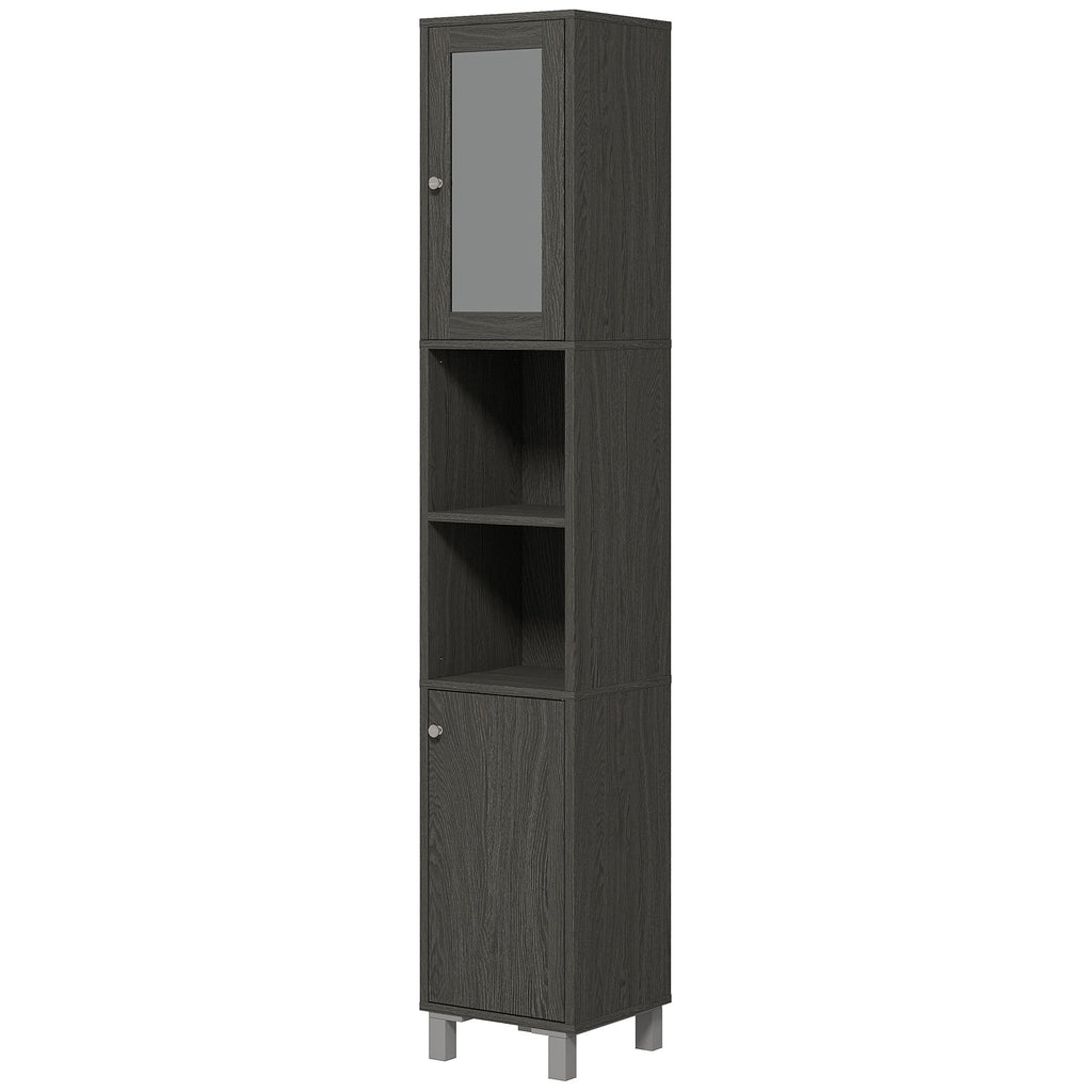 Tall Bathroom Cabinet w/ Mirror, Narrow Bathroom Storage Cabinet, Slim Linen Tower w/ Doors & Adjustable Shelves, Gray