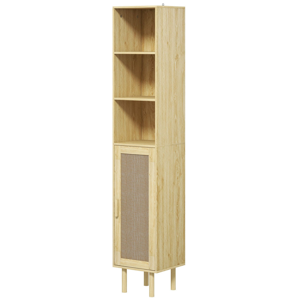 Tall Bathroom Cabinet with Rattan Doors, Freestanding Bathroom Storage Cabinet with Adjustable Shelves, Distressed Oak
