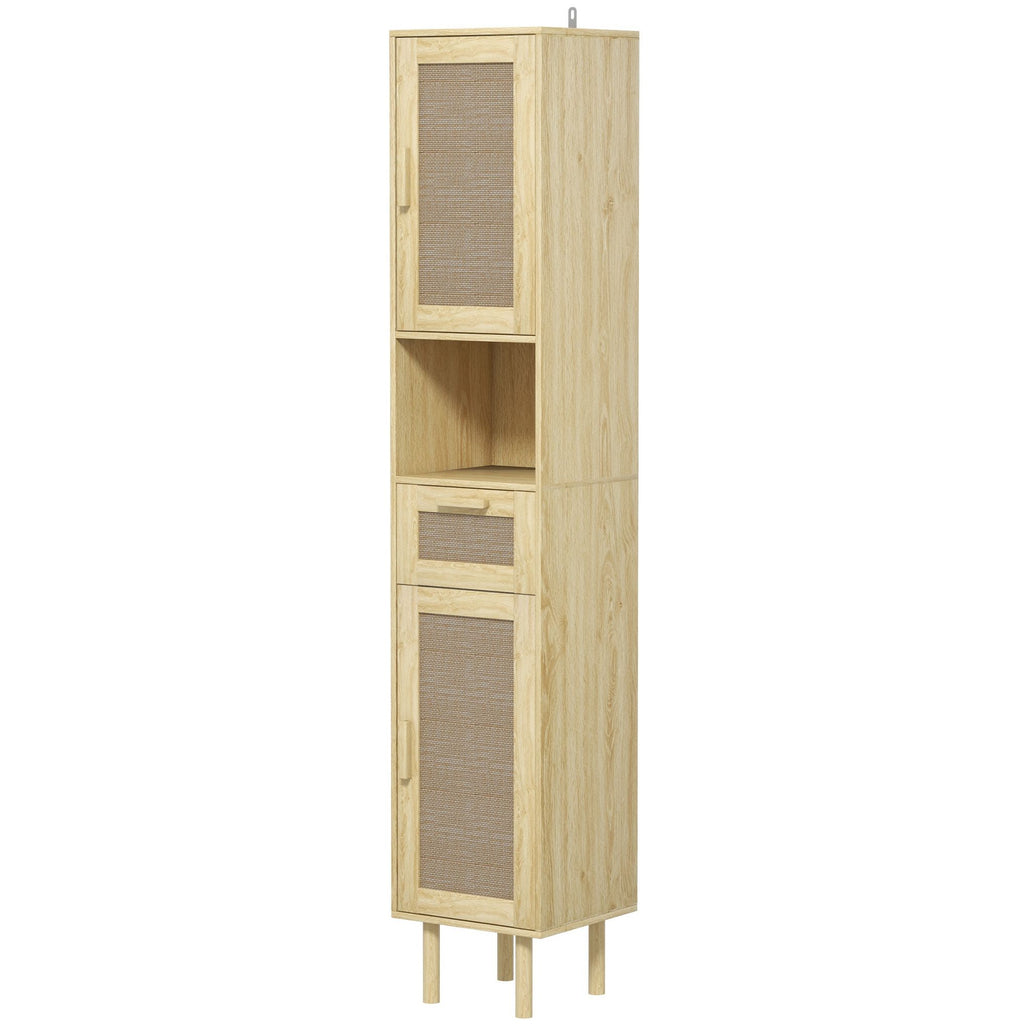 Tall Bathroom Cabinet with Rattan Doors, Freestanding Bathroom Storage Cabinet with Adjustable Shelves, Distressed Oak