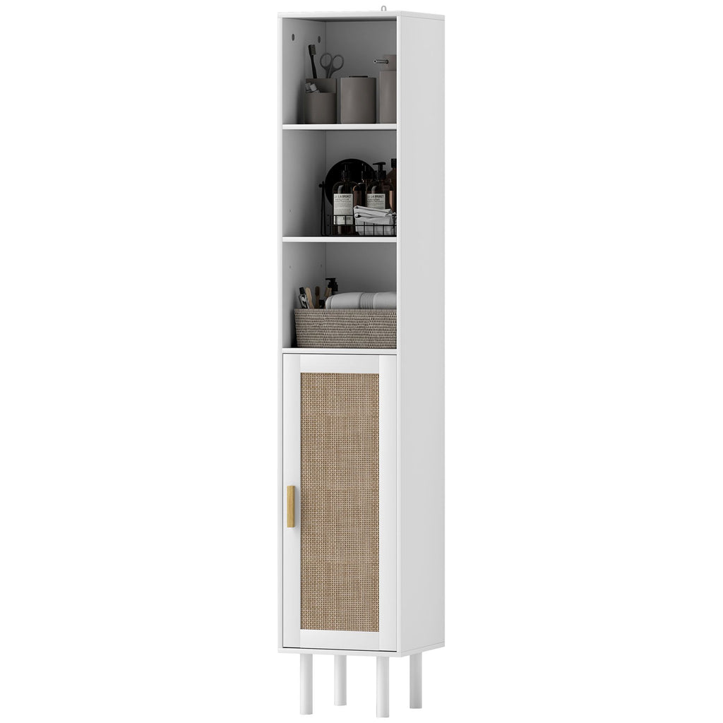 Tall Bathroom Cabinet with Rattan Doors, Freestanding Bathroom Storage Cabinet with Adjustable Shelves, White