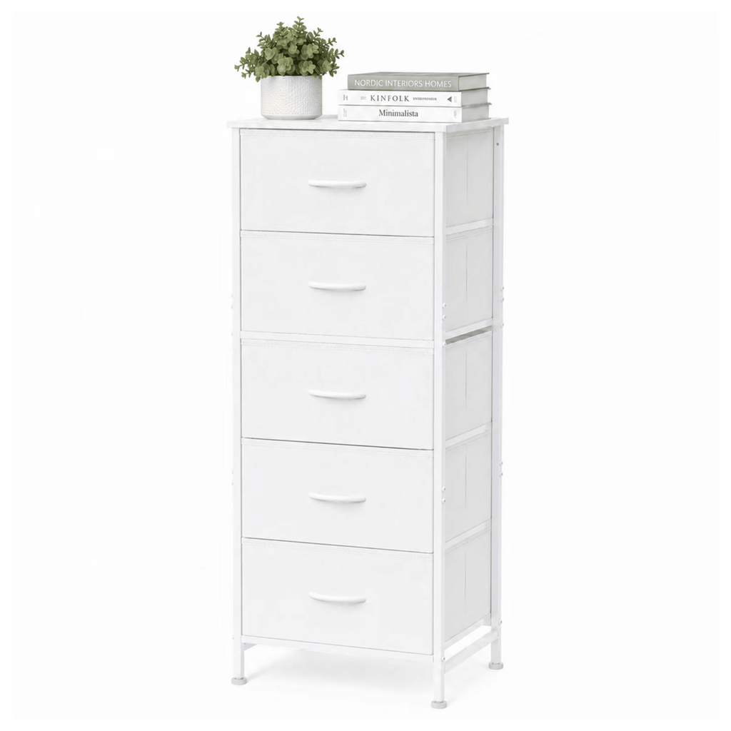 Tall DresserforBedroom with 5 Drawers, Vertical EndTableand NightstandforBedroom,StorageOrganizer Chest of Drawers with Removable Fabric Bins