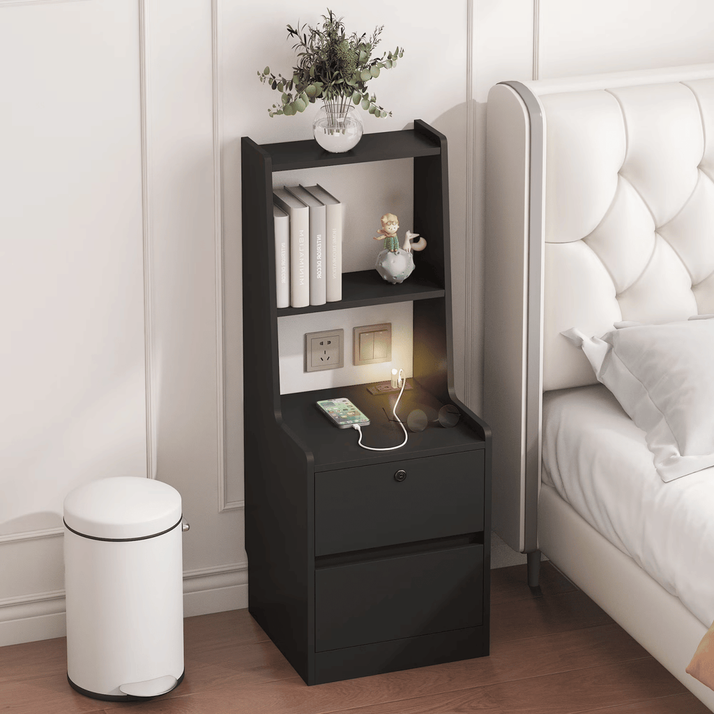 Tall Nightstand with Charging Station,Modern Bedside Tables withStorageShelves & 2 DrawersforBedroom,Black