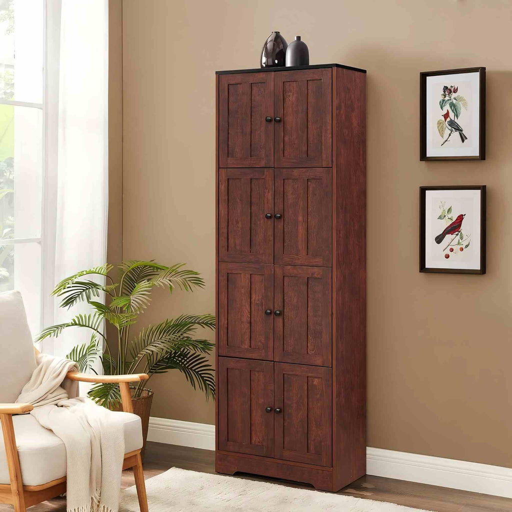 Tall Storage Cabinet with 8 Doors and 4 Shelves, Wall Storage Cabinet for Living Room, Kitchen, Office, Bedroom, Bathroom, Walnut