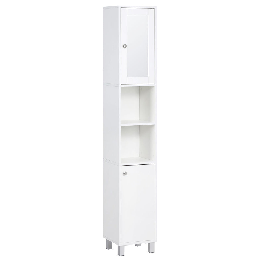 Tall White Bathroom Storage Cabinet 71" Wooden Freestanding Tower Adjustable Shelves Mirror Living Room Organizer