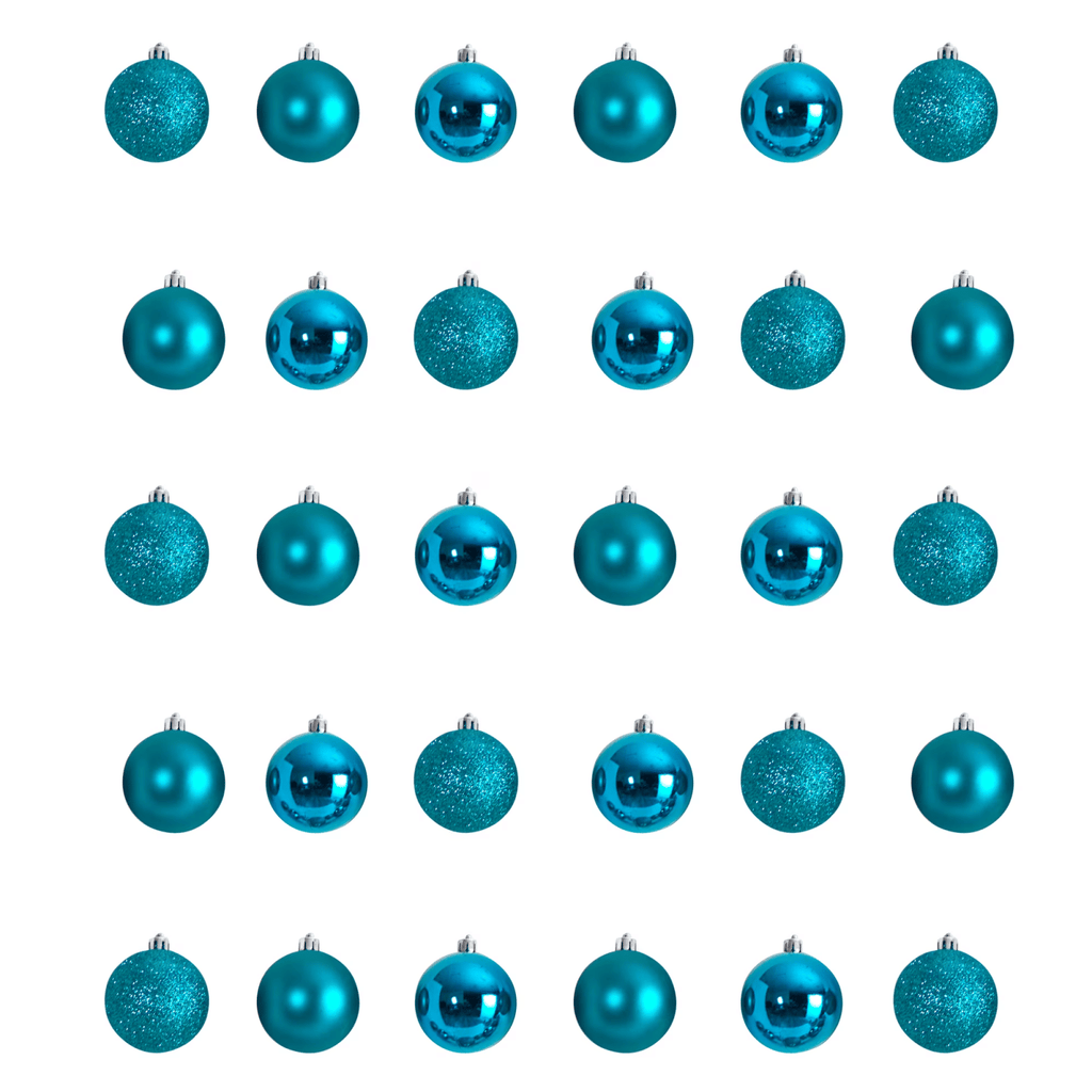 Teal Plastic Holiday Christmas 2.5" Shatterproof Ornament Set, 30 Count