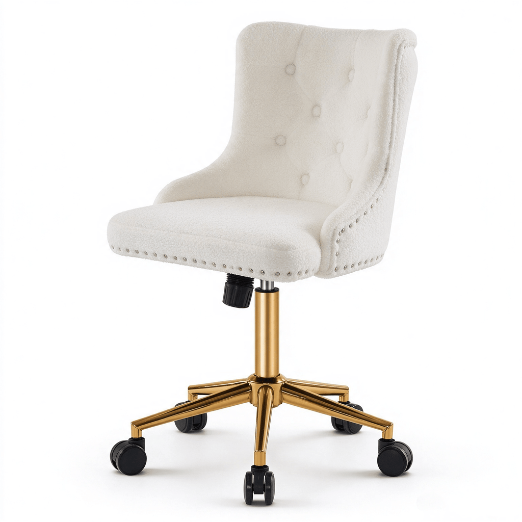 Teddy Fabric Swivel Office Chair, Adjustable Height with Casters, Tufted Backrest, Gold Metal Base, Nordic Modern Desk Chair, White