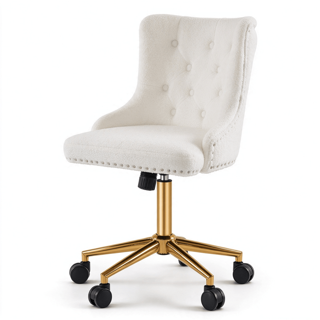 Teddy Fabric Swivel Office Chair, Adjustable Height with Casters, Tufted Backrest, Gold Metal Base, Nordic Modern Desk Chair, White