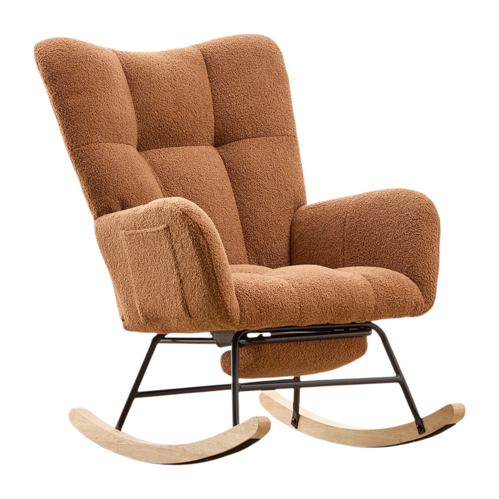 Teddy Fabric Wingback Glider Rocker & Ottoman Set, Nursery Nursing Rocking Chair with Side Storage Pocket, Smooth Gliding Motion, Safe Solid Wood Base, Comfy Accent Chair for Living Room,Brown.