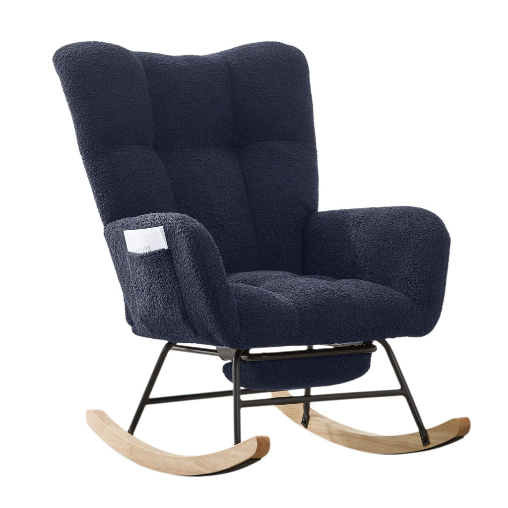 Teddy Fabric Wingback Glider Rocker & Ottoman Set, Nursery Nursing Rocking Chair with Side Storage Pocket, Smooth Gliding Motion, Safe Solid Wood Base, Comfy Accent Chair for Living Room,Dark Blue.