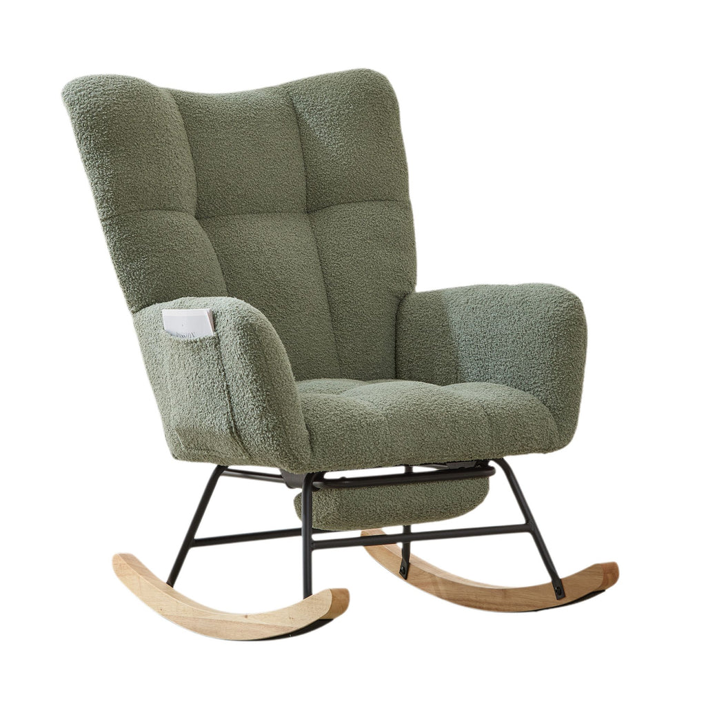 Teddy Fabric Wingback Glider Rocker & Ottoman Set, Nursery Nursing Rocking Chair with Side Storage Pocket, Smooth Gliding Motion, Safe Solid Wood Base, Comfy Accent Chair for Living Room,Green